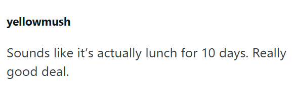 yellowmush Sounds like it's actually lunch for 10 days. Really good deal.