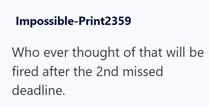 Impossible-Print2359 Who ever thought of that will be fired after the 2nd missed deadline.