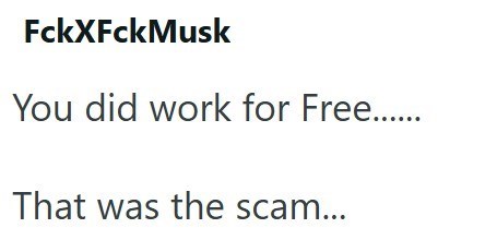FckXFckMusk You did work for Free...... That was the scam...