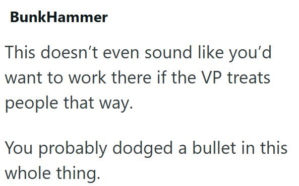 BunkHammer This doesn't even sound like you'd want to work there if the VP treats people that way. You probably dodged a bullet in this whole thing.
