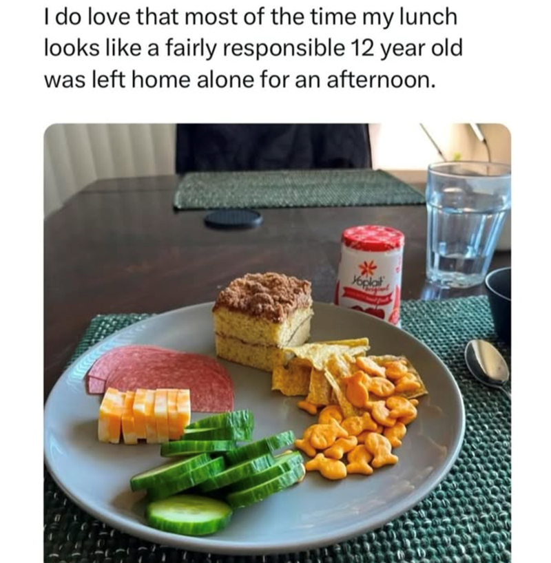 I do love that most of the time my lunch looks like a fairly responsible 12 year old was left home alone for an afternoon. Yoplai