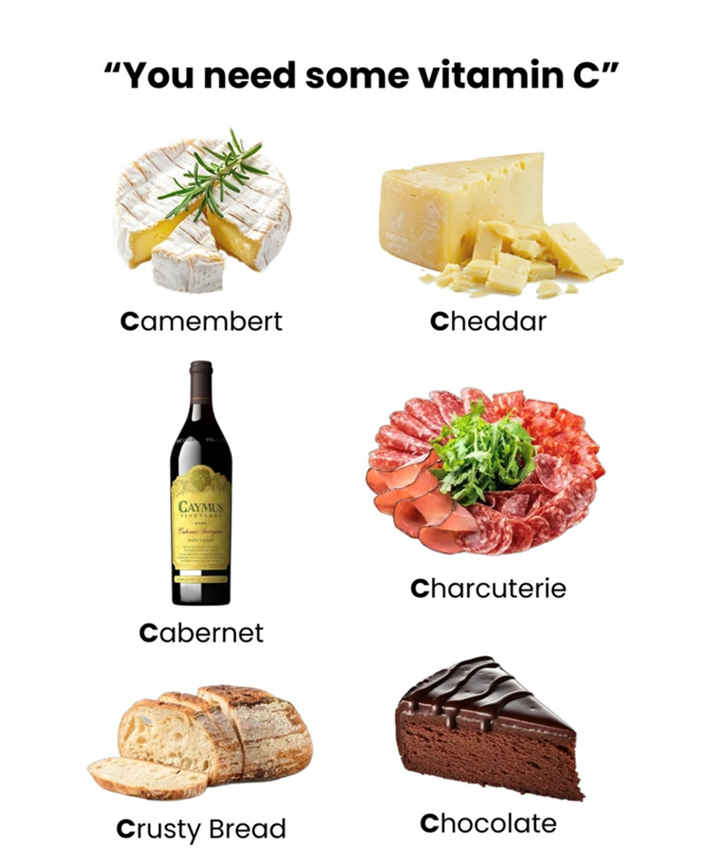 "You need some vitamin C" Camembert Cheddar CAYMUS VINEYARDS Cabernet Charcuterie Crusty Bread Chocolate