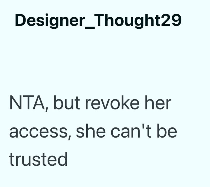 Designer_Thought29 NTA, but revoke her access, she can't be trusted