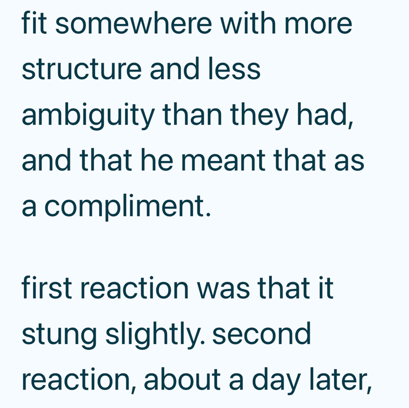 fit somewhere with more structure and less ambiguity than they had, and that he meant that as a compliment. first reaction was that it stung slightly. second reaction, about a day later,