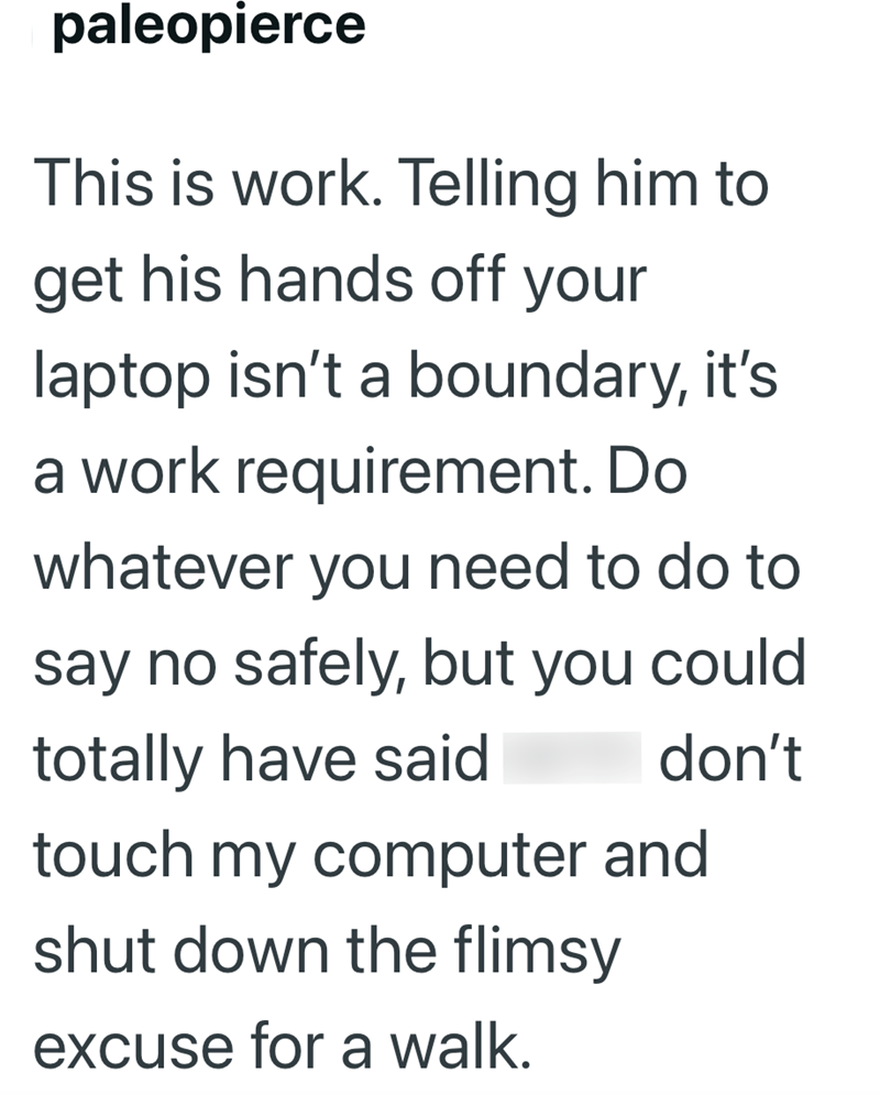 paleopierce This is work. Telling him to get his hands off your laptop isn't a boundary, it's a work requirement. Do whatever you need to do to say no safely, but you could totally have said don't touch my computer and shut down the flimsy excuse for a walk.