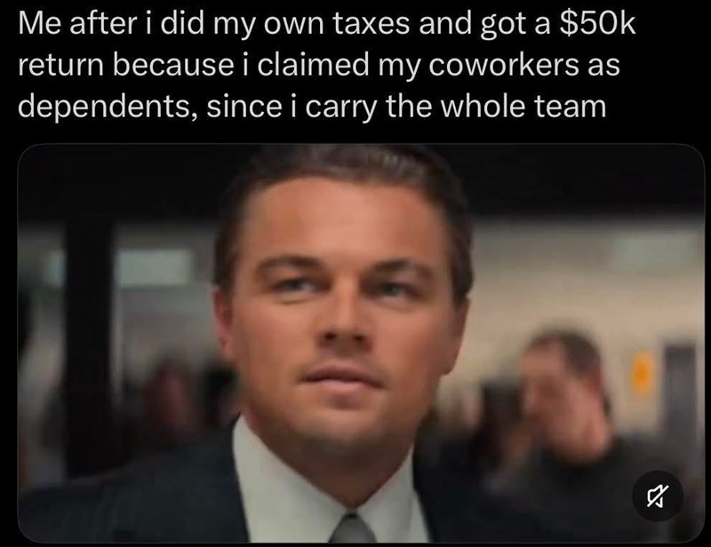 Me after i did my own taxes and got a $50k return because i claimed my coworkers as dependents, since i carry the whole team