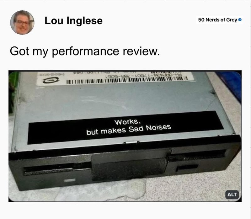 Lou Inglese Got my performance review. Works, but makes Sad Noises 50 Nerds of Grey❤ ALT