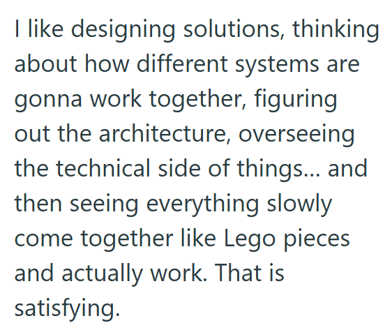 I like designing solutions, thinking about how different systems are gonna work together, figuring out the architecture, overseeing the technical side of things... and then seeing everything slowly come together like Lego pieces and actually work. That is satisfying.