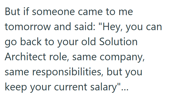 But if someone came to me tomorrow and said: "Hey, you can go back to your old Solution Architect role, same company, same responsibilities, but you keep your current salary"...