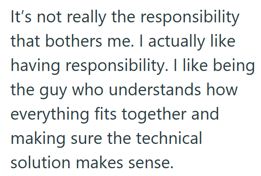 It's not really the responsibility that bothers me. I actually like having responsibility. I like being the guy who understands how everything fits together and making sure the technical solution makes sense.