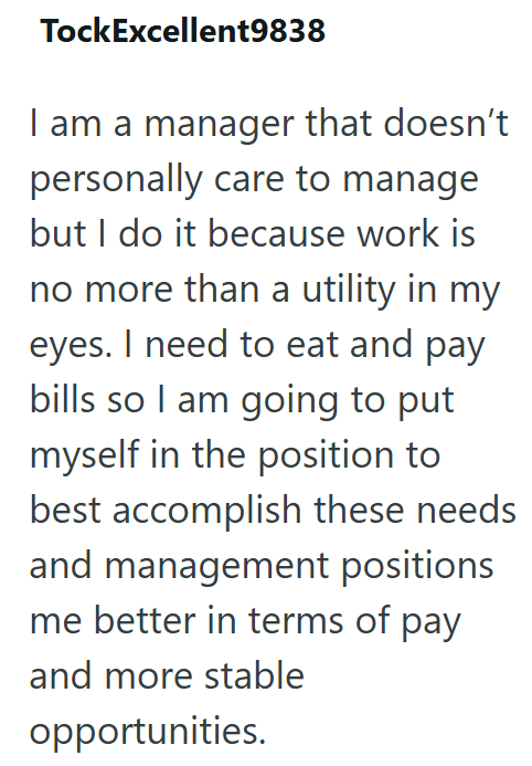 TockExcellent9838 I am a manager that doesn't personally care to manage but I do it because work is no more than a utility in my eyes. I need to eat and pay bills so I am going to put myself in the position to best accomplish these needs and management positions me better in terms of pay and more stable opportunities.