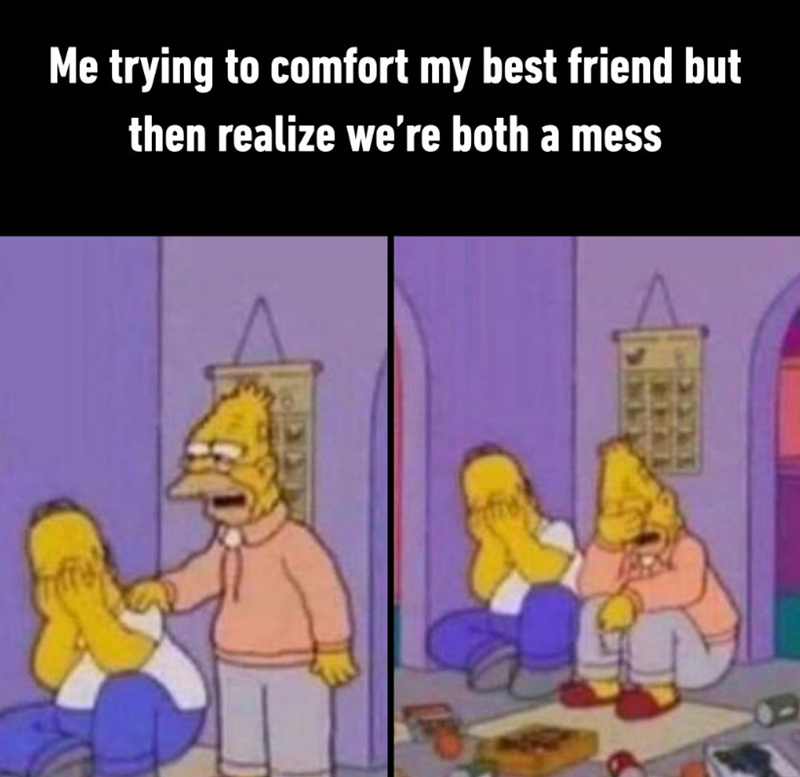 Me trying to comfort my best friend but then realize we're both a mess