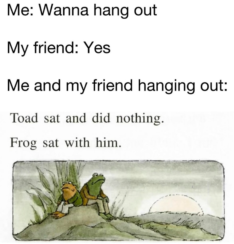 Me: Wanna hang out My friend: Yes Me and my friend hanging out: Toad sat and did nothing. Frog sat with him.