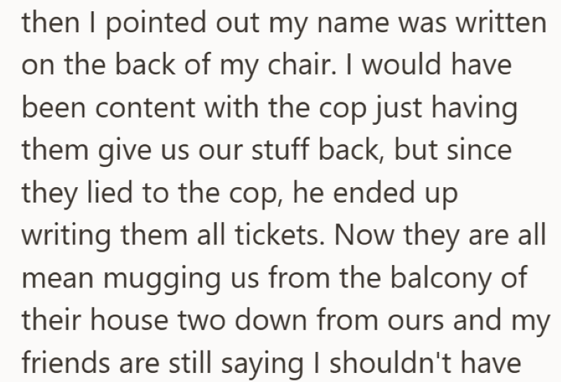 then I pointed out my name was written on the back of my chair. I would have been content with the cop just having them give us our stuff back, but since they lied to the cop, he ended up writing them all tickets. Now they are all mean mugging us from the balcony of their house two down from ours and my friends are still saying I shouldn't have