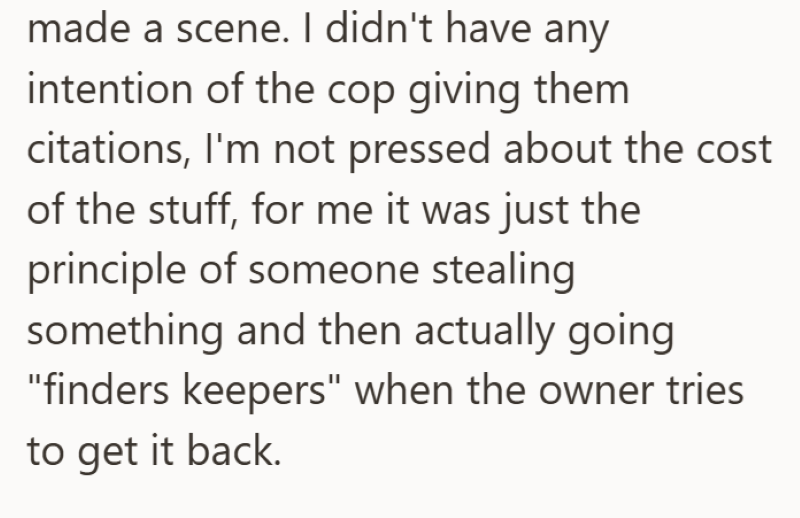 made a scene. I didn't have any intention of the cop giving them citations, I'm not pressed about the cost of the stuff, for me it was just the principle of someone stealing something and then actually going "finders keepers" when the owner tries to get it back.