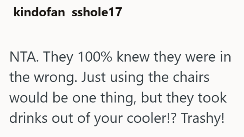 kindofan sshole17 NTA. They 100% knew they were in the wrong. Just using the chairs would be one thing, but they took drinks out of your cooler!? Trashy!