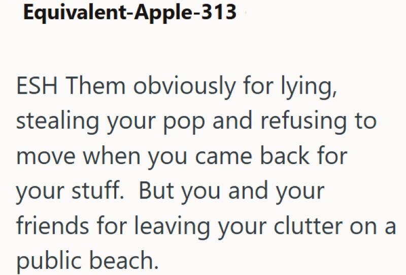Equivalent-Apple-313 ESH Them obviously for lying, stealing your pop and refusing to move when you came back for your stuff. But you and your friends for leaving your clutter on a public beach.