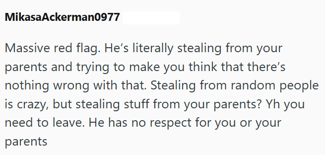 Mikasa Ackerman0977 Massive red flag. He's literally stealing from your parents and trying to make you think that there's nothing wrong with that. Stealing from random people is crazy, but stealing stuff from your parents? Yh you need to leave. He has no respect for you or your parents