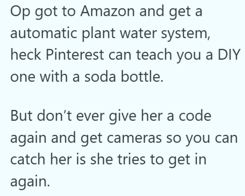 Op got to Amazon and get a automatic plant water system, heck Pinterest can teach you a DIY one with a soda bottle. But don't ever give her a code again and get cameras so you can catch her is she tries to get in again.