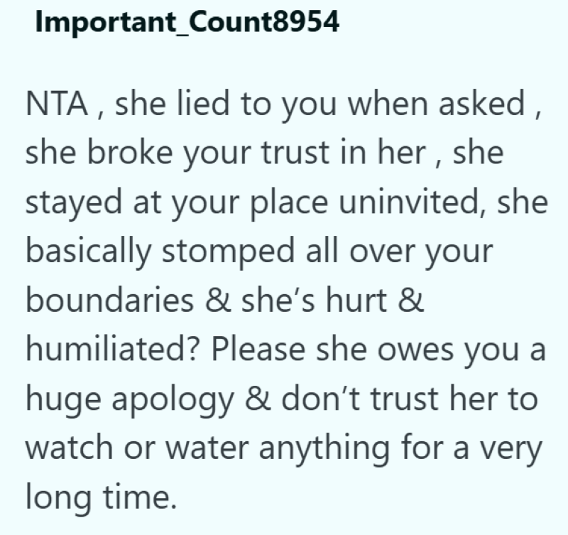 Important_Count8954 NTA, she lied to you when asked, she broke your trust in her, she stayed at your place uninvited, she basically stomped all over your boundaries & she's hurt & humiliated? Please she owes you a huge apology & don't trust her to watch or water anything for a very long time.