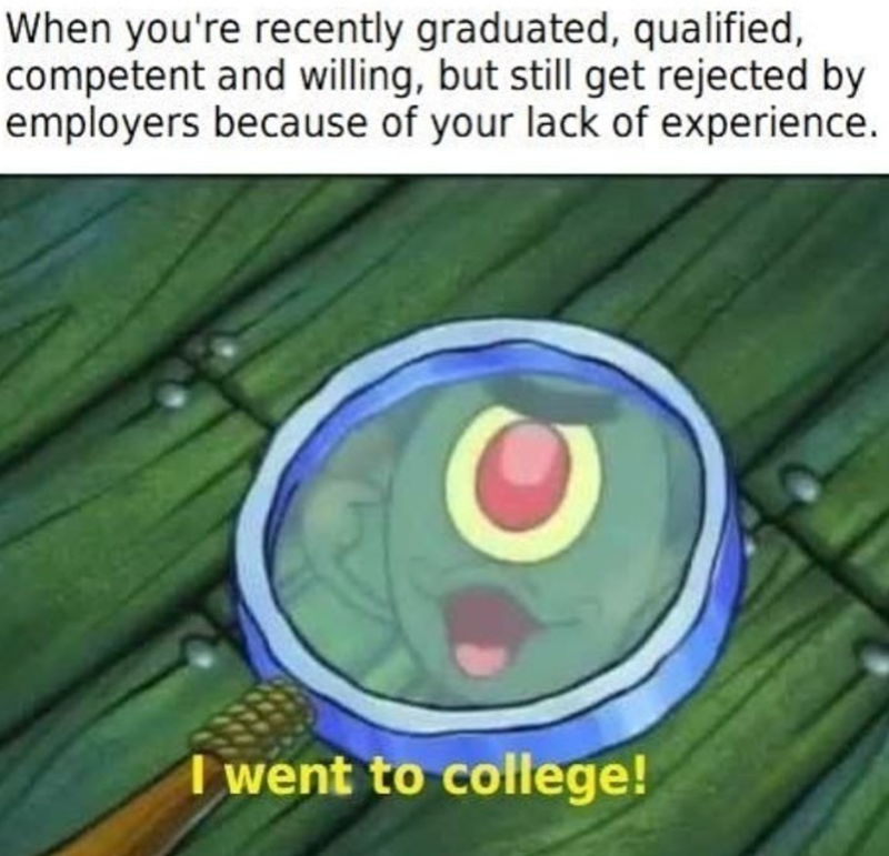 When you're recently graduated, qualified, competent and willing, but still get rejected by employers because of your lack of experience. I went to college!