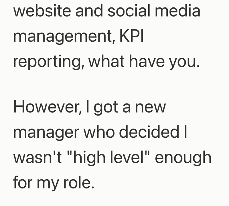 website and social media management, KPI reporting, what have you. However, I got a new manager who decided I wasn't "high level" enough for my role.