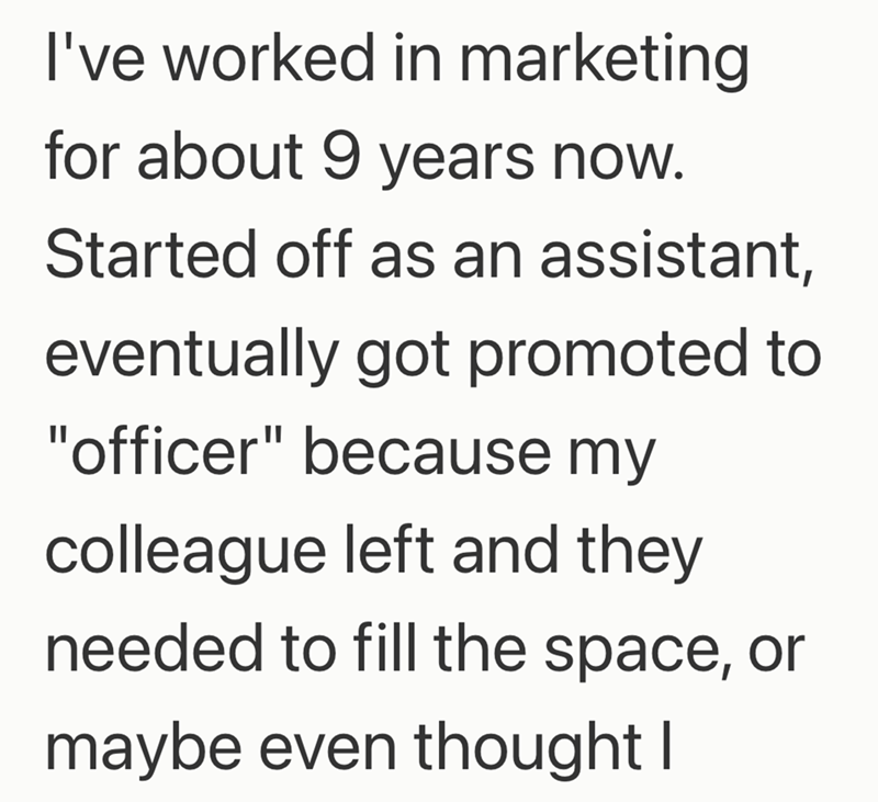 I've worked in marketing for about 9 years now. Started off as an assistant, eventually got promoted to "officer" because my colleague left and they needed to fill the space, or maybe even thought I