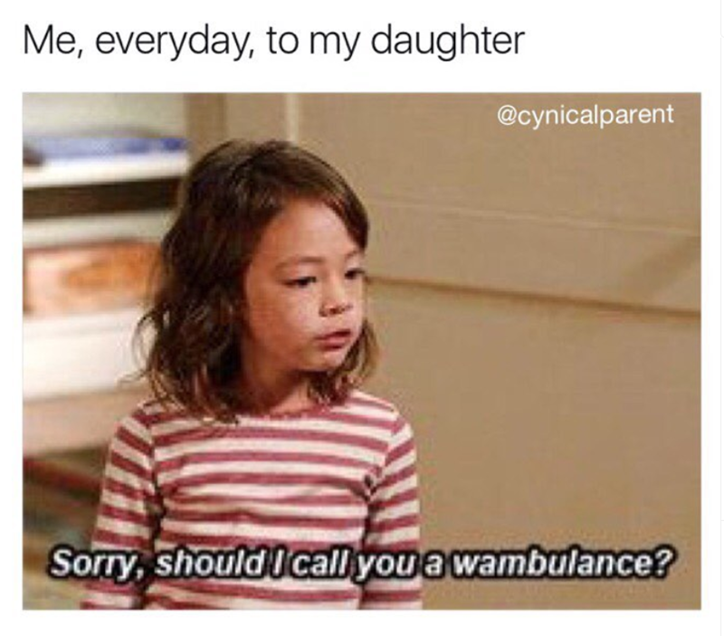 Me, everyday, to my daughter @cynicalparent Sorry, should I call you a wambulance?
