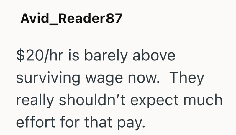 Avid_Reader87 $20/hr is barely above surviving wage now. They really shouldn't expect much effort for that pay.