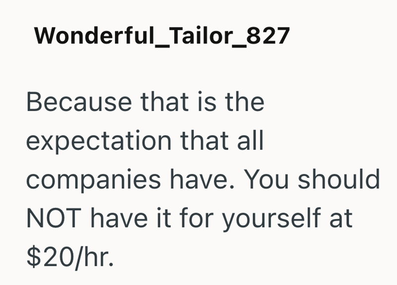 Wonderful_Tailor_827 Because that is the expectation that all companies have. You should NOT have it for yourself at $20/hr.