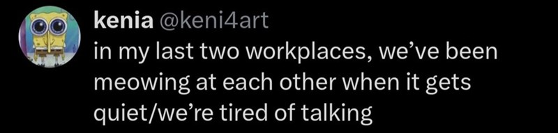 kenia @keni4art in my last two workplaces, we've been meowing at each other when it gets quiet/we're tired of talking