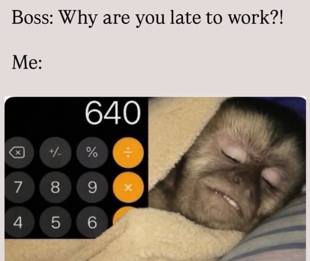 Boss: Why are you late to work?! Me: 7 4 8 640 % 9 5 6 小 Х
