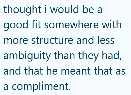 thought i would be a good fit somewhere with more structure and less ambiguity than they had, and that he meant that as a compliment.
