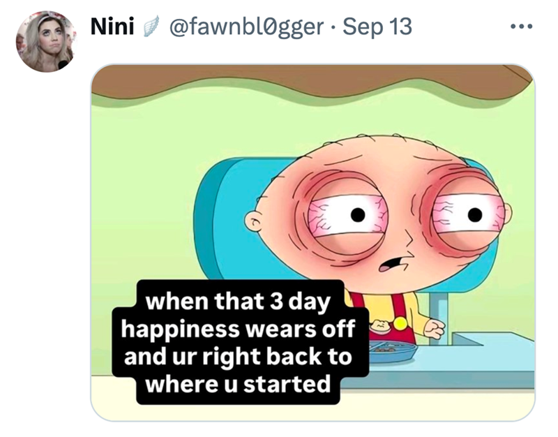 Nini @fawnblogger ⚫ Sep 13 when that 3 day happiness wears off and ur right back to where u started