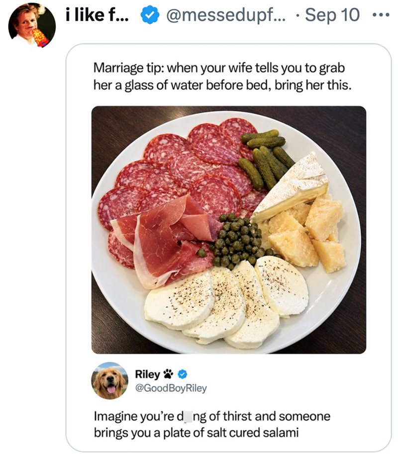 i like f... @messedupf... Sep 10 • ... Marriage tip: when your wife tells you to grab her a glass of water before bed, bring her this. Riley** @GoodBoyRiley Imagine you're d_ng of thirst and someone brings you a plate of salt cured salami