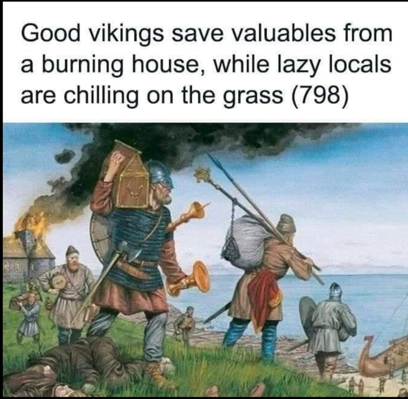 Good vikings save valuables from a burning house, while lazy locals are chilling on the grass (798)
