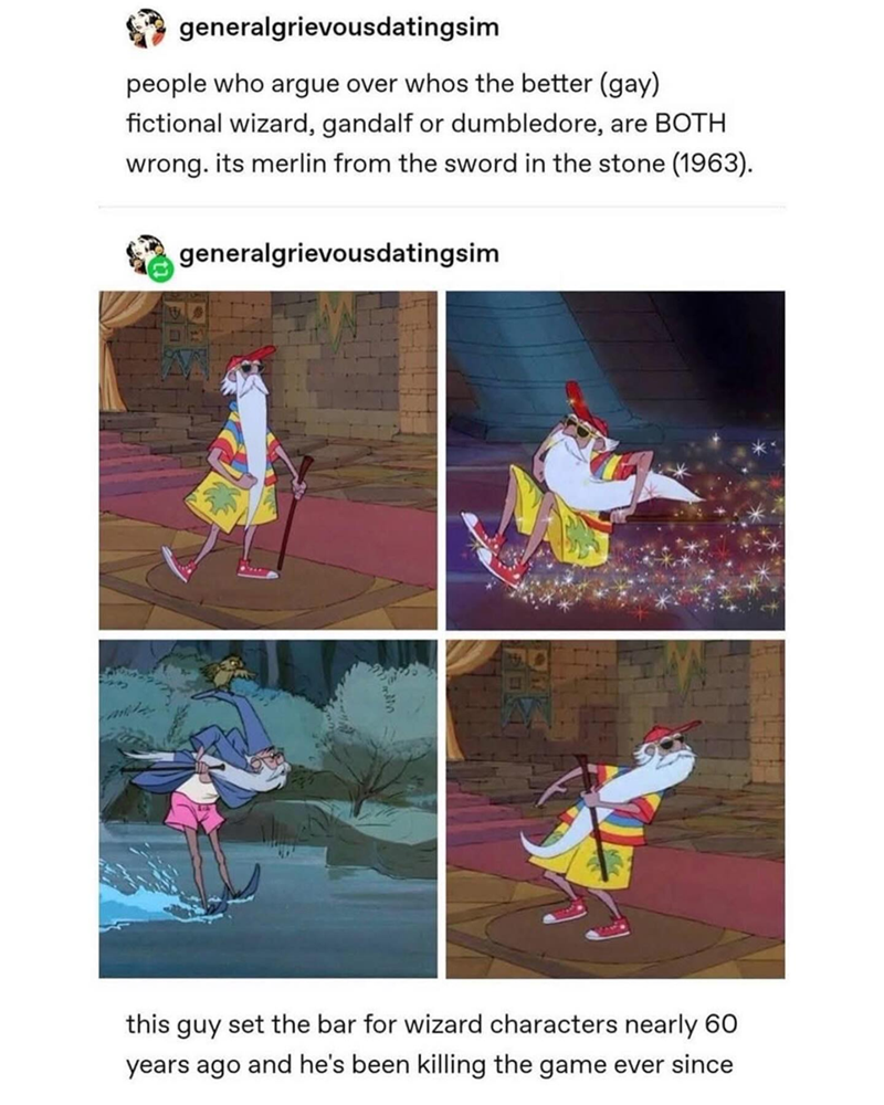 generalgrievousdatingsim people who argue over whos the better (gay) fictional wizard, gandalf or dumbledore, are BOTH wrong. its merlin from the sword in the stone (1963). generalgrievousdatingsim this guy set the bar for wizard characters nearly 60 years ago and he's been killing the game ever since
