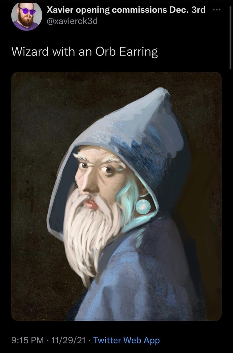 Xavier opening commissions Dec. 3rd @xavierck3d Wizard with an Orb Earring 9:15 PM 11/29/21 Twitter Web App