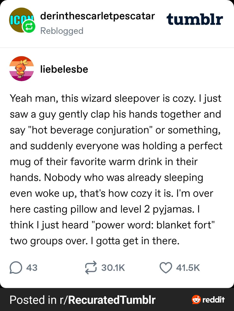 ICON derinthescarletpescatar tumblr Reblogged liebelesbe Yeah man, this wizard sleepover is cozy. I just saw a guy gently clap his hands together and say "hot beverage conjuration" or something, and suddenly everyone was holding a perfect mug of their favorite warm drink in their hands. Nobody who was already sleeping. even woke up, that's how cozy it is. I'm over here casting pillow and level 2 pyjamas. I think I just heard "power word: blanket fort" two groups over. I gotta get in there. ☐ 43