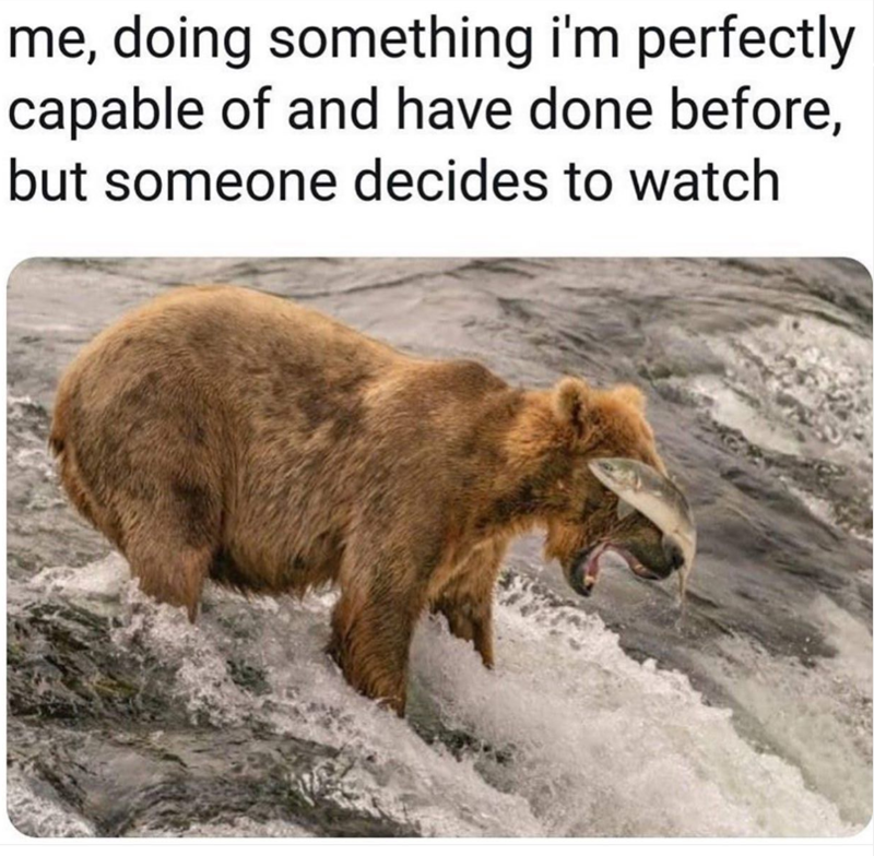me, doing something i'm perfectly capable of and have done before, but someone decides to watch