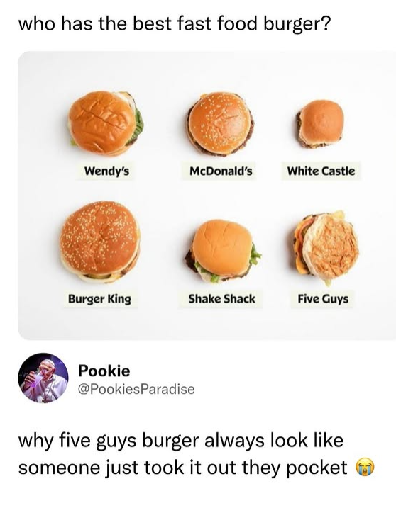who has the best fast food burger? Wendy's McDonald's White Castle Burger King Shake Shack Five Guys Pookie @PookiesParadise why five guys burger always look like someone just took it out they pocket