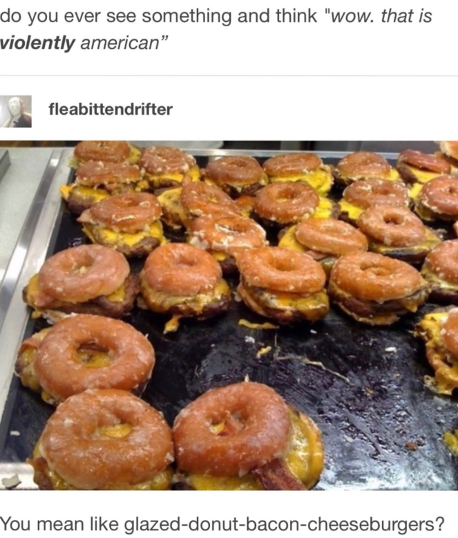 do you ever see something and think "wow. that is violently american" fleabittendrifter You mean like glazed-donut-bacon-cheeseburgers?