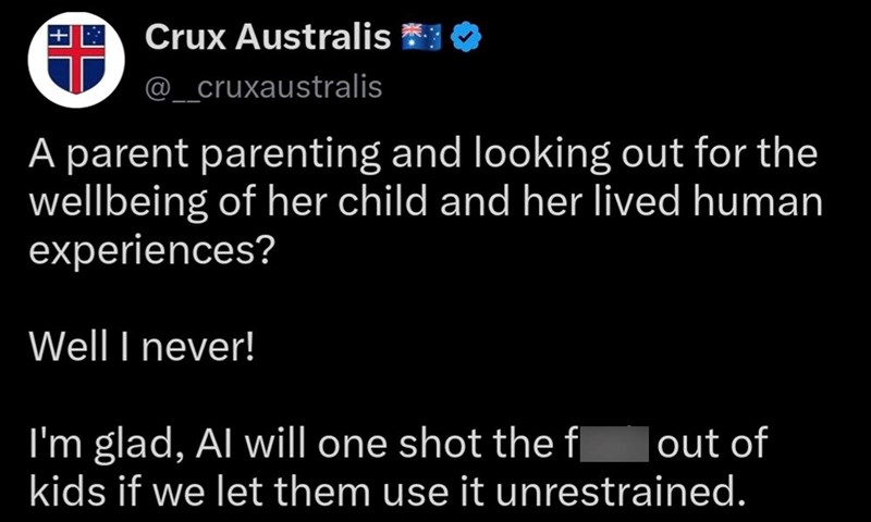 Crux Australis **** @cruxaustralis A parent parenting and looking out for the wellbeing of her child and her lived human experiences? Well I never! I'm glad, Al will one shot the fl out of kids if we let them use it unrestrained.