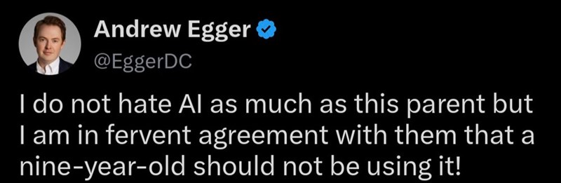 Andrew Egger @EggerDC I do not hate Al as much as this parent but I am in fervent agreement with them that a nine-year-old should not be using it!