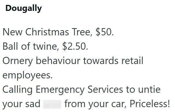 Dougally New Christmas Tree, $50. Ball of twine, $2.50. Ornery behaviour towards retail employees. Calling Emergency Services to untie from your car, Priceless! your sad