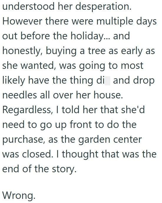 understood her desperation. However there were multiple days out before the holiday... and honestly, buying a tree as early as she wanted, was going to most likely have the thing di and drop needles all over her house. Regardless, I told her that she'd need to go up front to do the purchase, as the garden center was closed. I thought that was the end of the story. Wrong.