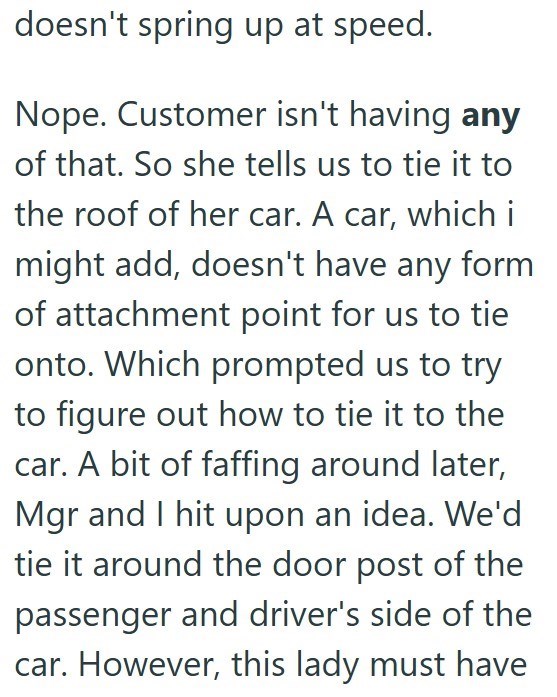 doesn't spring up at speed. Nope. Customer isn't having any of that. So she tells us to tie it to the roof of her car. A car, which i might add, doesn't have any form of attachment point for us to tie onto. Which prompted us to try to figure out how to tie it to the car. A bit of faffing around later, Mgr and I hit upon an idea. We'd tie it around the door post of the passenger and driver's side of the car. However, this lady must have