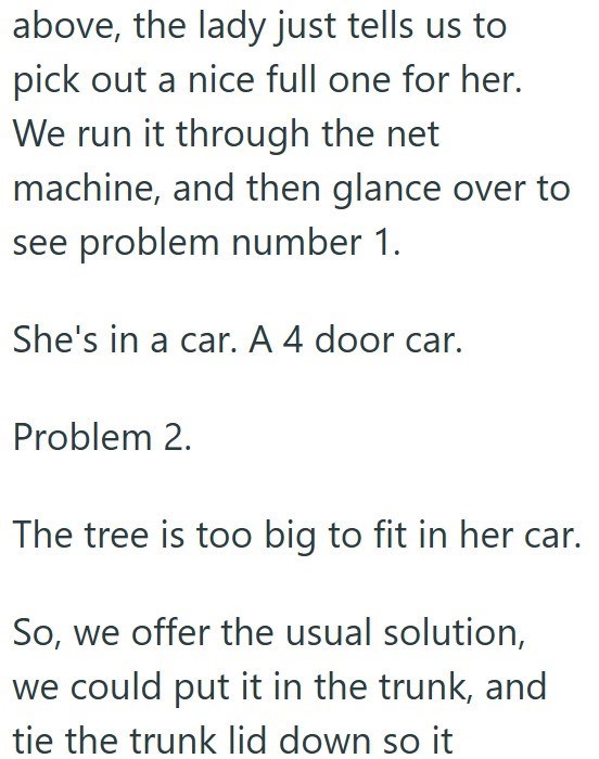 above, the lady just tells us to pick out a nice full one for her. We run it through the net machine, and then glance over to see problem number 1. She's in a car. A 4 door car. Problem 2. The tree is too big to fit in her car. So, we offer the usual solution, we could put it in the trunk, and tie the trunk lid down so it