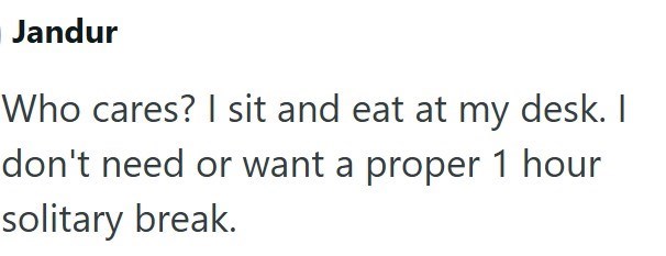 Jandur Who cares? I sit and eat at my desk. I don't need or want a proper 1 hour solitary break.