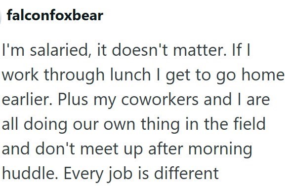 falconfoxbear I'm salaried, it doesn't matter. If I work through lunch I get to go home earlier. Plus my coworkers and I are all doing our own thing in the field and don't meet up after morning huddle. Every job is different